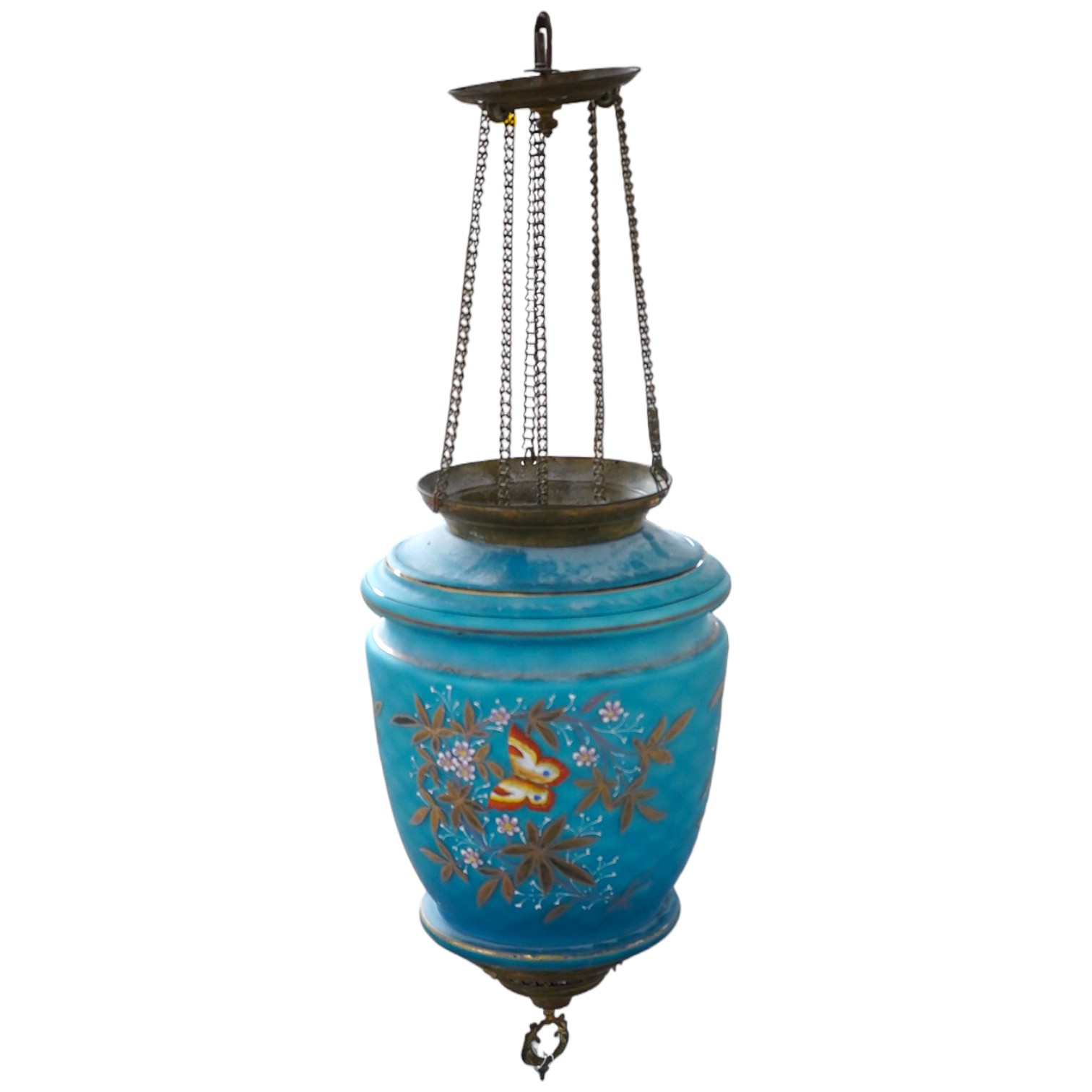 A Biedermeier enamelled blue glass hanging lamp, 36cm high. Condition - fair.